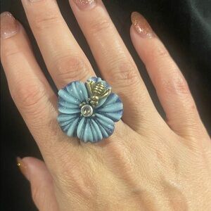 Delphinium Flower and Bumble Bee 925 Ring